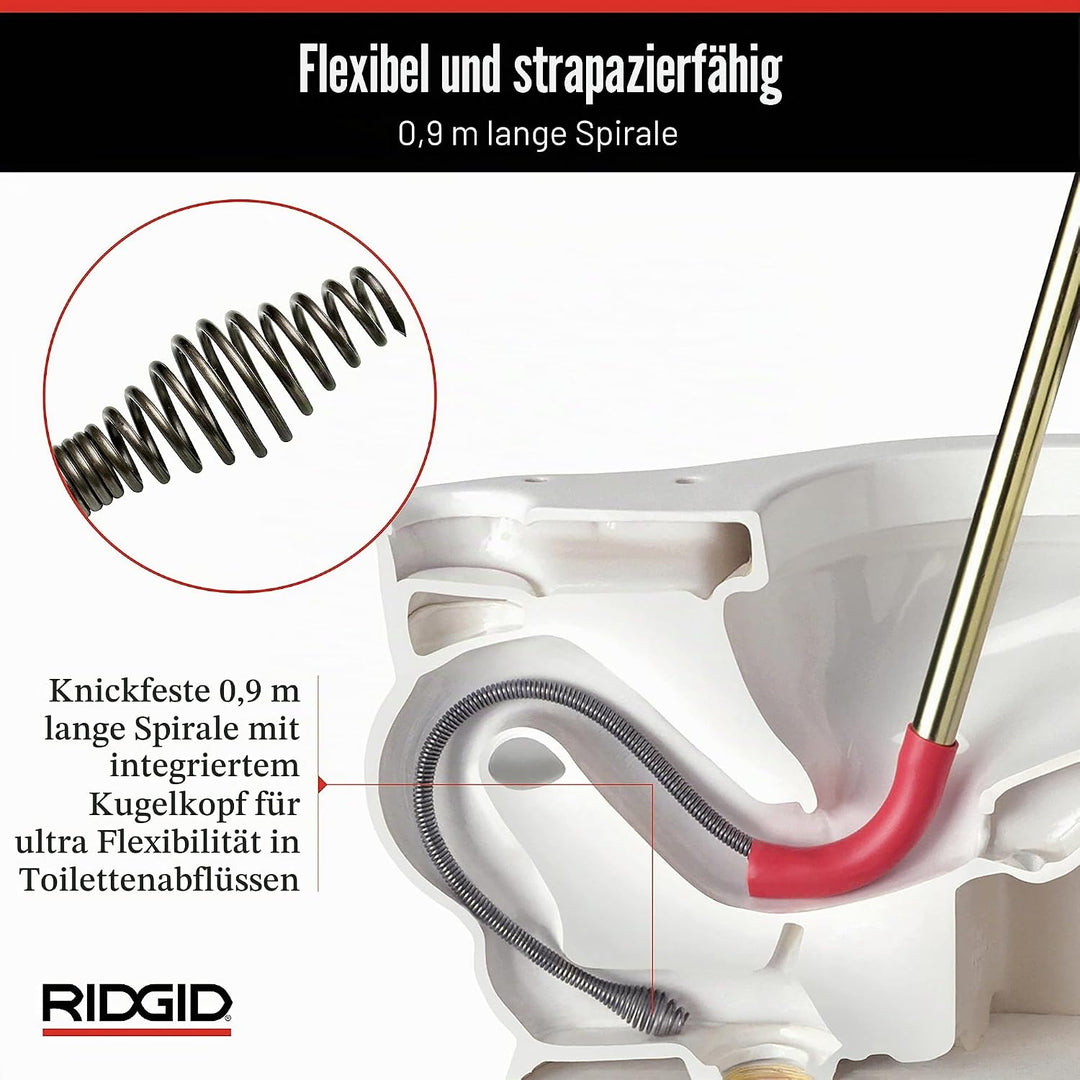 RIDGID 59787 Modell K-3 WC-Reinigungsspirale, 1 m lange WC-Sspirale mit Ovalbohrer zur Reinigung blo