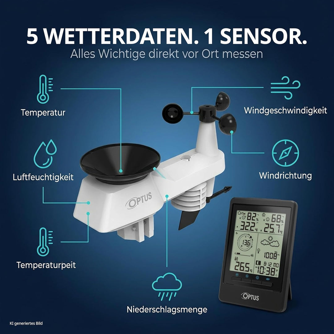 Optus 5-in-1 Funk-Wetterstation mit Aussensensor – Messung von Temperatur, Luftfeuchtigkeit, Wind, R