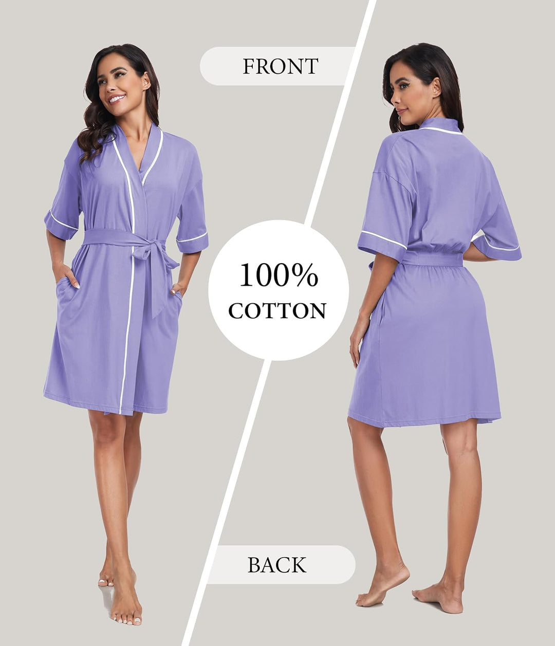 COLORFULLEAF 100% Baumwolle Bademantel Damen Kurz Morgenmantel Leicht Knielang Kimono Saunamantel Na