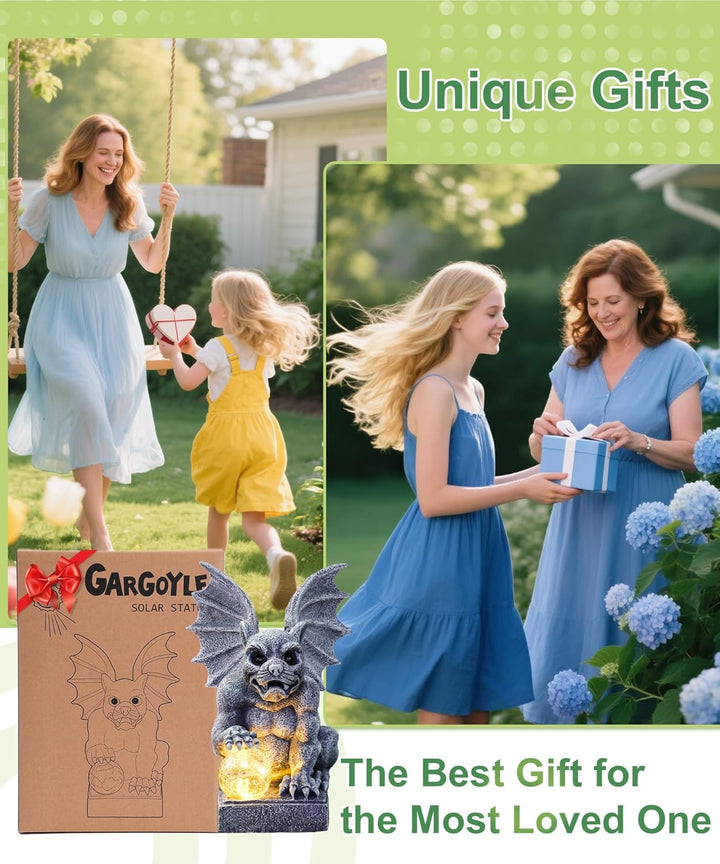 Solar Gargoyle Figuren Gartendeko mit LED-Licht - Steinfiguren mit Solarlampe Glasball Garten Wetter