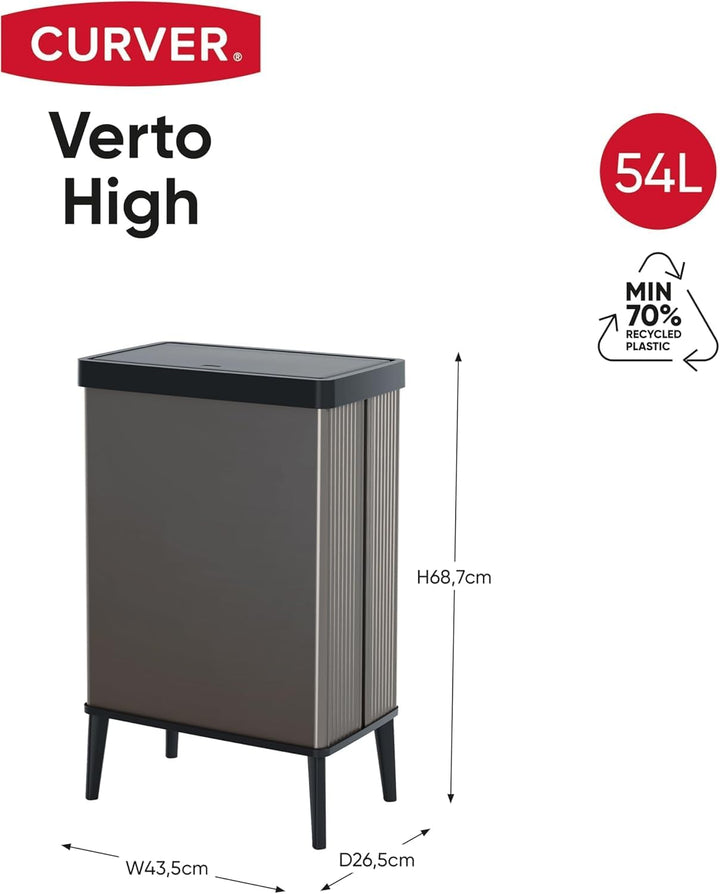 Curver Verto High 54L Mülleimer mit Push Deckel, optimal für Küche, einfache Sortierung, schlankes D