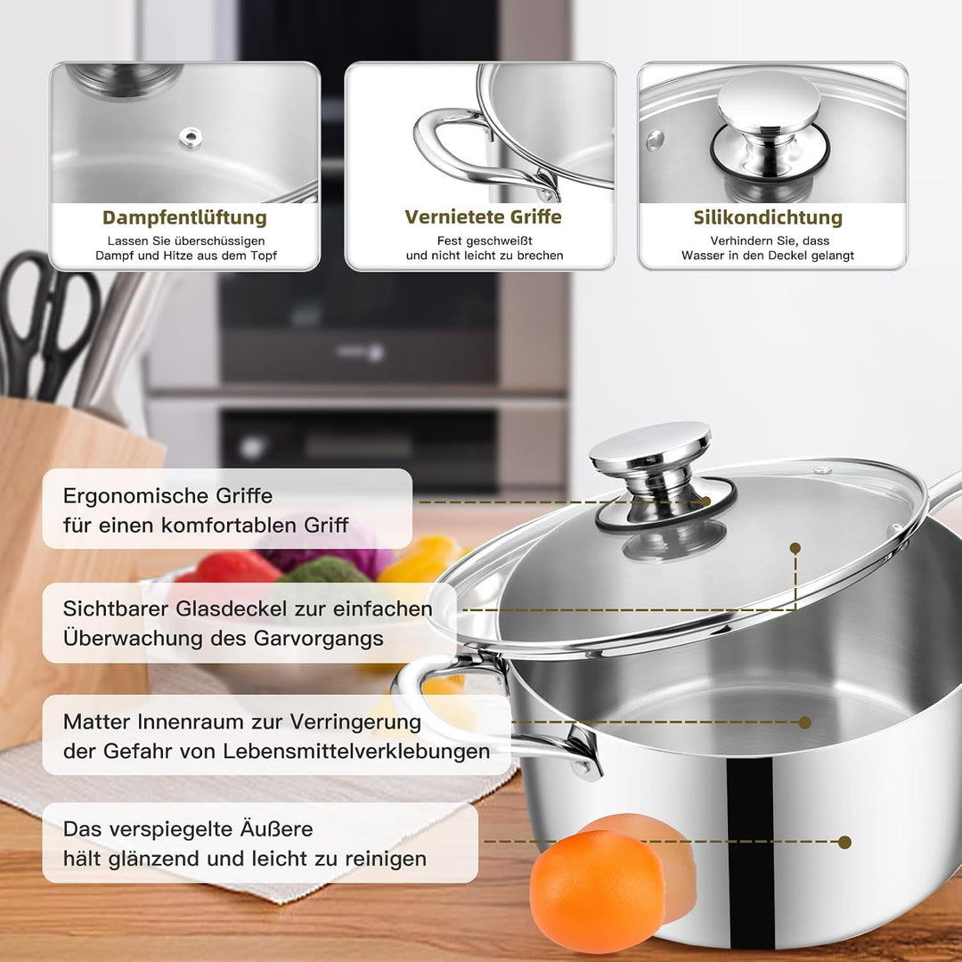 Onader Kochtopf, 3-Lagen Edeastahl Topf Induktion, 5L Kochtöpfe Nudeltopf Suppentopf mit Glasdeckel