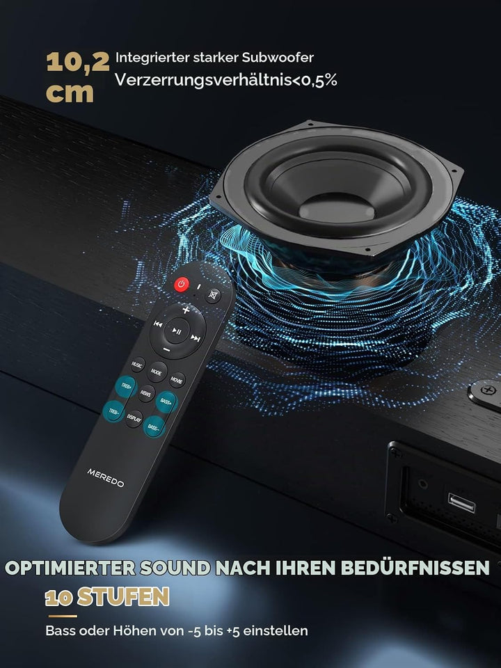 MEREDO Soundbar 2.1 Holz für TV Geräte 150W mit integriertem Subwoofer mit ARC Kable, Optisch, AUX,