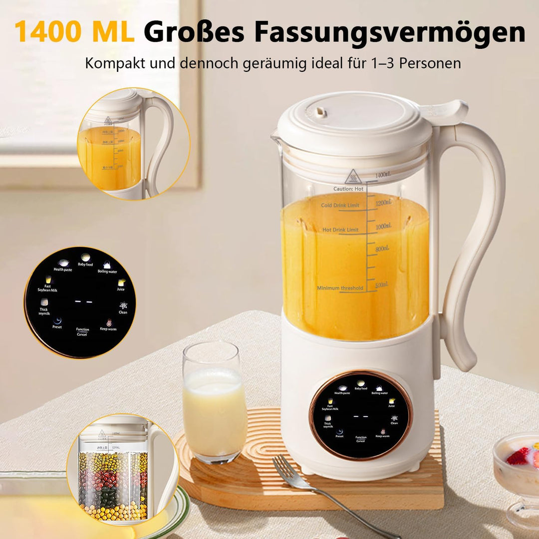 Nussmilchmaschine 1400ml, Automatische Mandelmilchmaschine mit 16 Klingen, Pflanzenmilchbereiter Soj