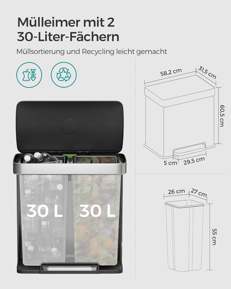 ‎SONGMICS Mülleimer Küche, 2 x 30 Liter, Mülltrennsystem, 2 Fächer, 15 Müllsäcke, Abfalleimer aus Ed