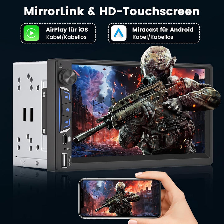 2 DIN Autoradio Bluetooth mit Bildschirm, Wireless CarPlay &amp; Android Auto 7 Zoll, 7 Zoll