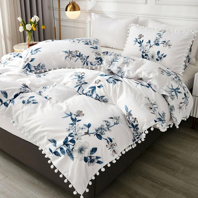 Freyamy Bettwäsche 200x220cm 3teilig Weiss Blau Blumen Pompons Wendebettwäsche Microfaser Weiche Bet