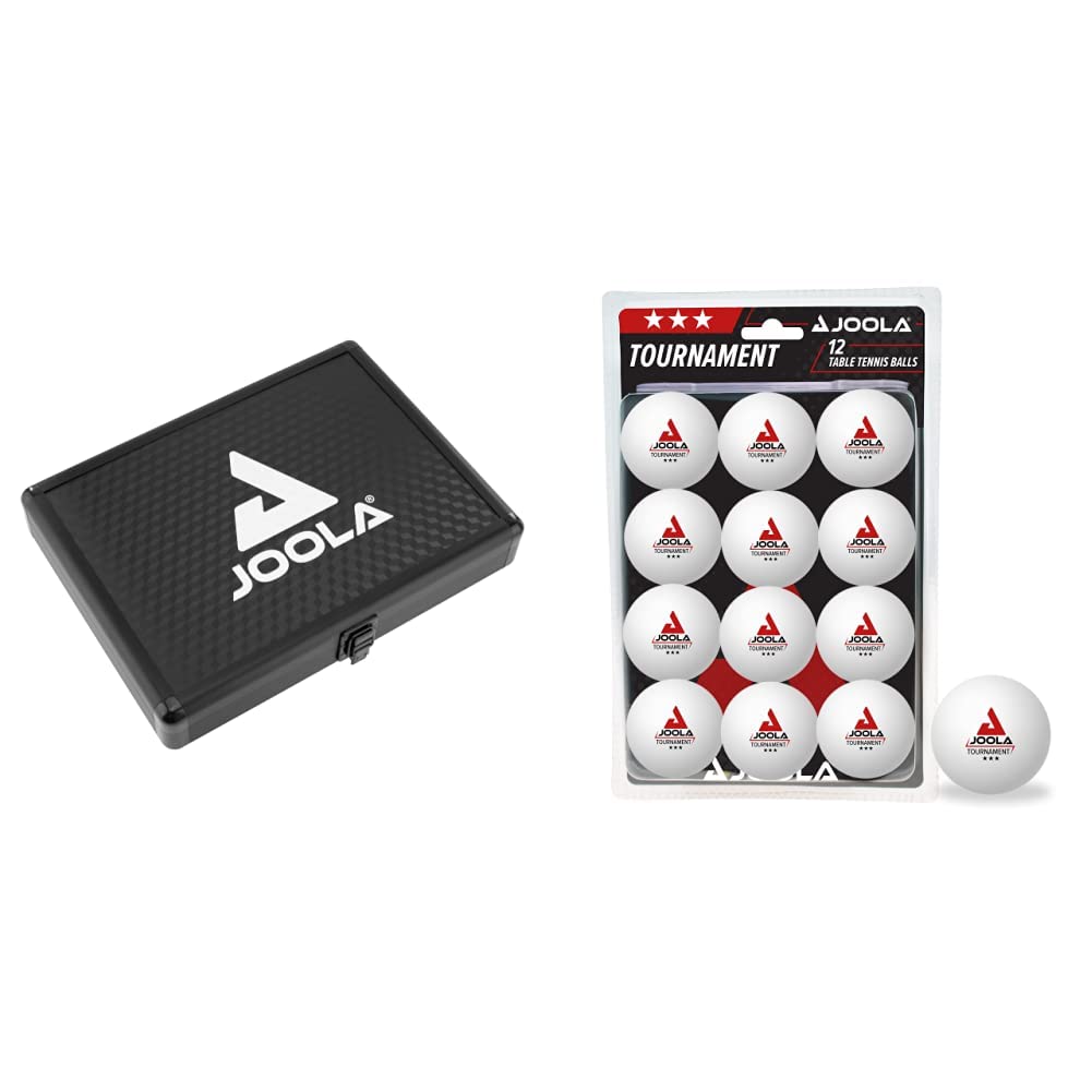 JOOLA Tischtennis-Hülle Alukoffer Schwarz Bundle mit 3-Stern Tischtennisbälle, 12 Stück, Schwarz Bun