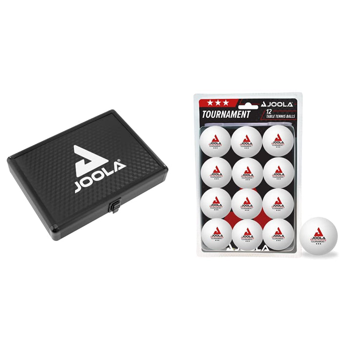 JOOLA Tischtennis-Hülle Alukoffer Schwarz Bundle mit 3-Stern Tischtennisbälle, 12 Stück, Schwarz Bun
