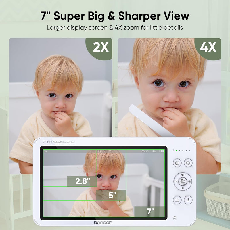 bonoch 7 Zoll Babyphone mit Kamera, 720P HD 6000mAh Akku Video Babyphon, Nachtsicht,beidseitige Audi