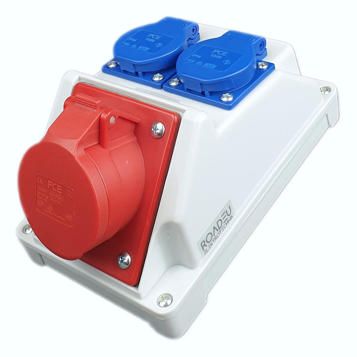 RoadEu - Kombi Wandsteckdose 16A 5P - Wandverteiler 16A mit 2x Schuko 230V - Stromverteiler IP44 - I
