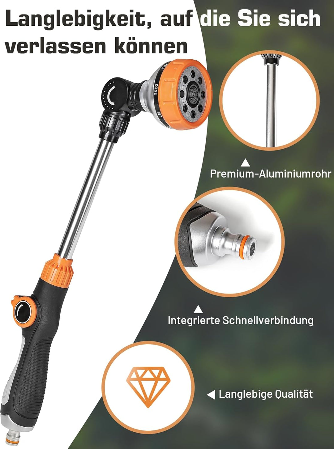 Unistyle Giessstab, Robuste Gartenbrause, 8 Strahlarten Giesstab mit Daumensteuerung, Handbrause zur