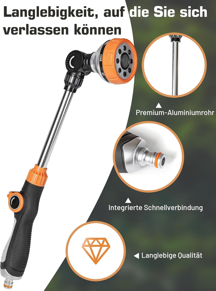 Unistyle Giessstab, Robuste Gartenbrause, 8 Strahlarten Giesstab mit Daumensteuerung, Handbrause zur