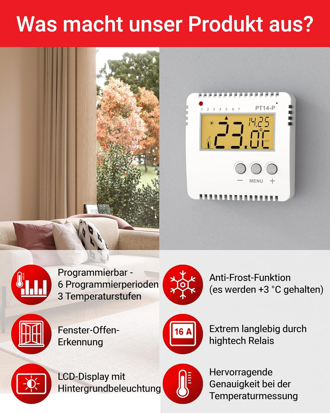 ELEKTROBOCK PT14-P Digitaler Raumthermostat 230V - Programmierbarer Wandthermostat mit grossem beleu