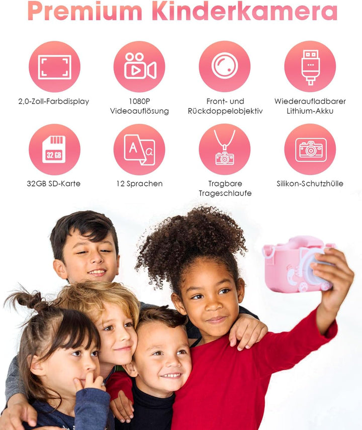 Kinderkamera für Mädchen, 3-12 Jahre, 2.0”Display Digitalkamera, Doppelobjektiv, 32GB SD-Karte, Sili