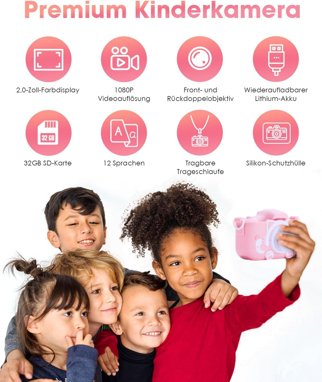 Kinderkamera, Kamera Kinder für 3 4 5 6 7 8 Jahre, HD Kinder Digitalkameras, Kinder-Selfie-Kamera We