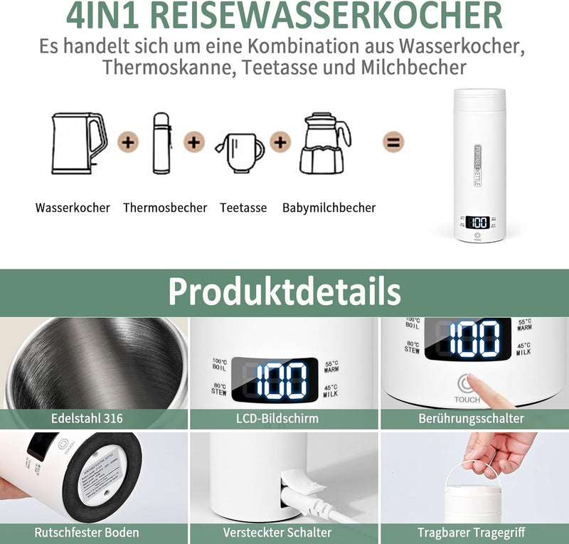 Dreamhigh® Reisewasserkocher, 450ml Mini Wasserkocher, 300W Wasserkocher Klein aus Edelstahl, Reise