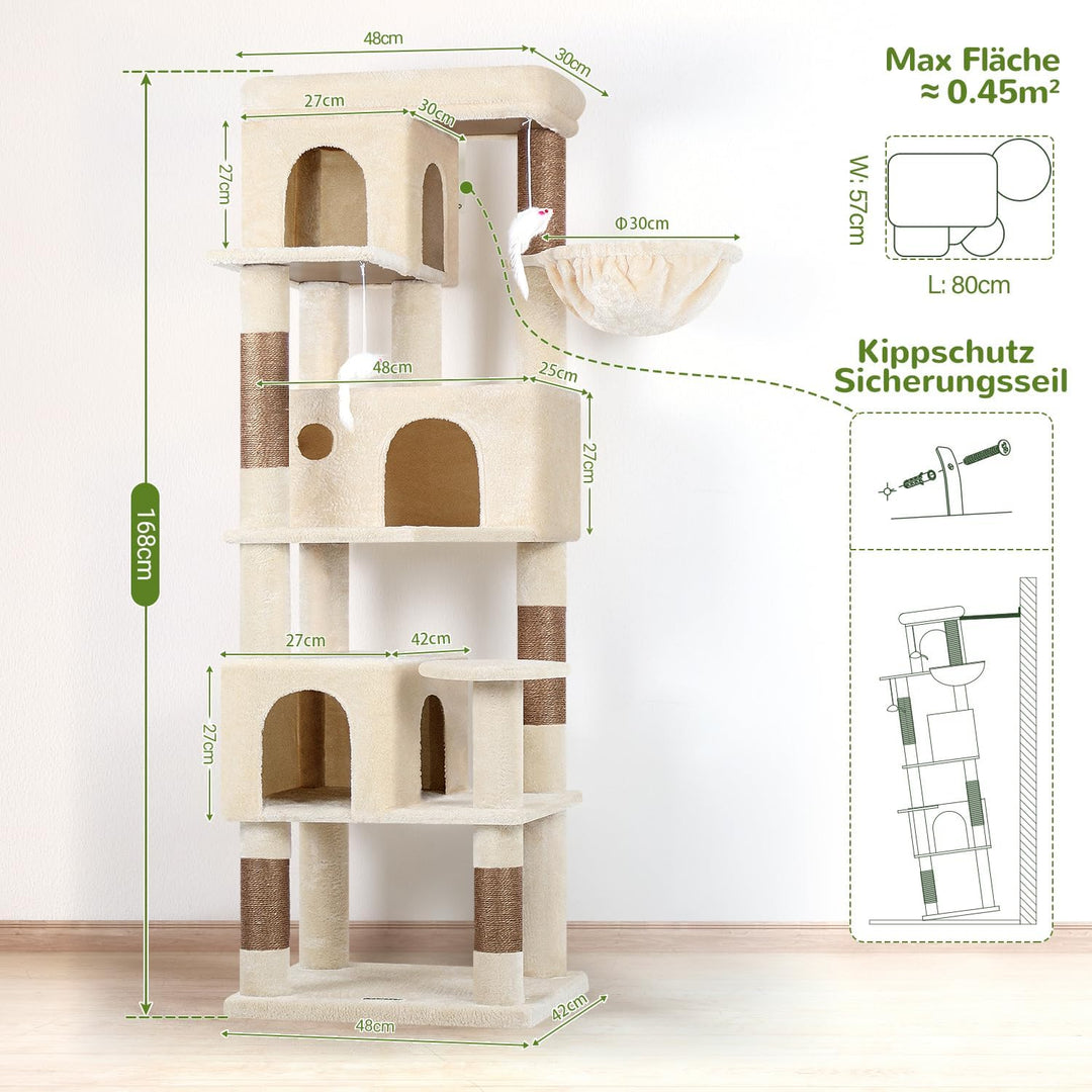 Globlazer Kratzbaum Beige Stabil Passform Ecke hoch 168 cm mit 3 Katzenhäus, Grosse Gepolsterte Plat