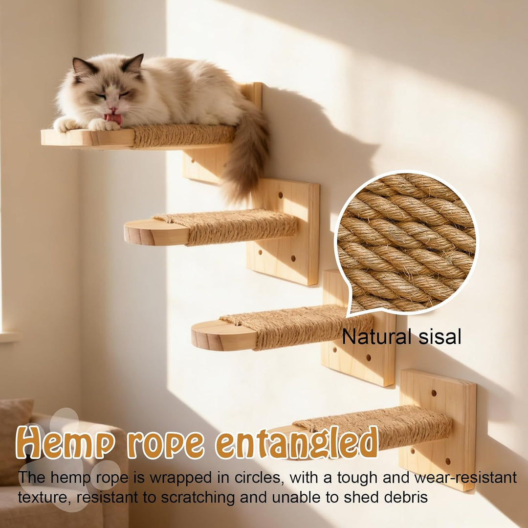 4er-Pack Katzentreppe Wand, Naturholz Kletterwand Katzen, Katzen Kletterwand Set, aus 2cm Massives G