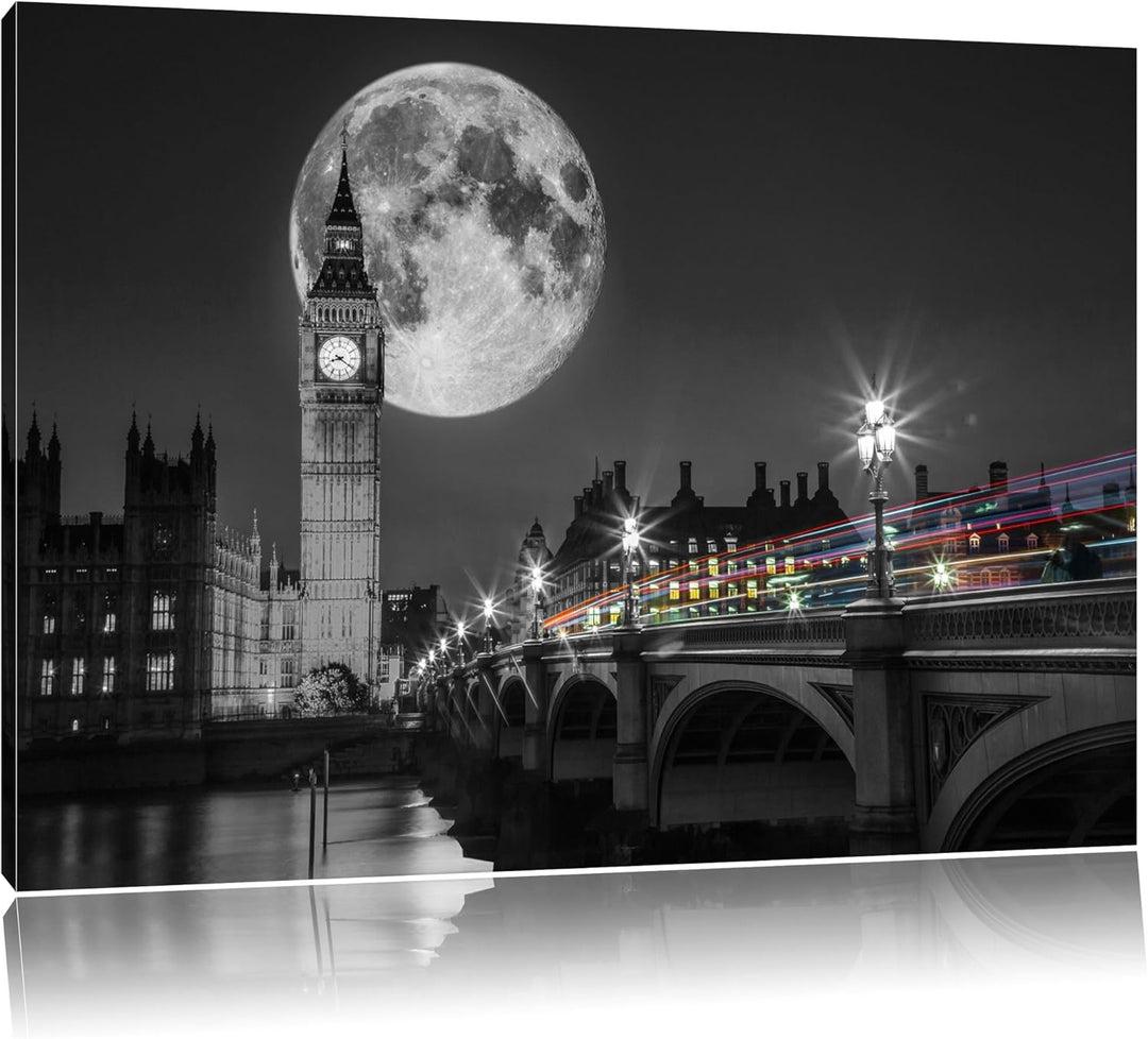 Big Ben vor dem Mond in London schwarz/weiss Format: 100x70 auf Leinwand, XXL riesige Bilder fertig
