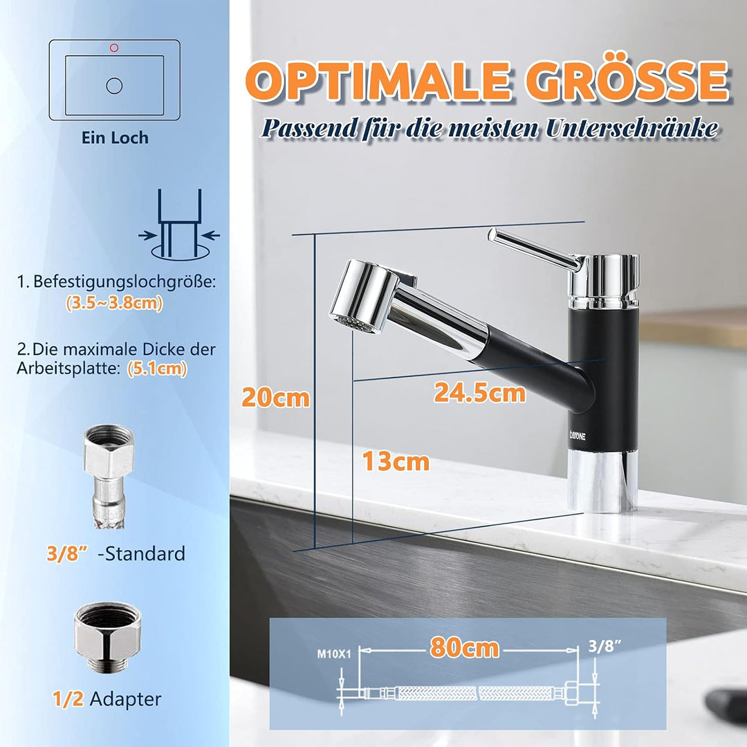DAYONE Küchenarmatur 360°Drehbar Wasserhahn Ausziehbar Edelstahl Gebürstet Hochdruck Einhand-Spültis