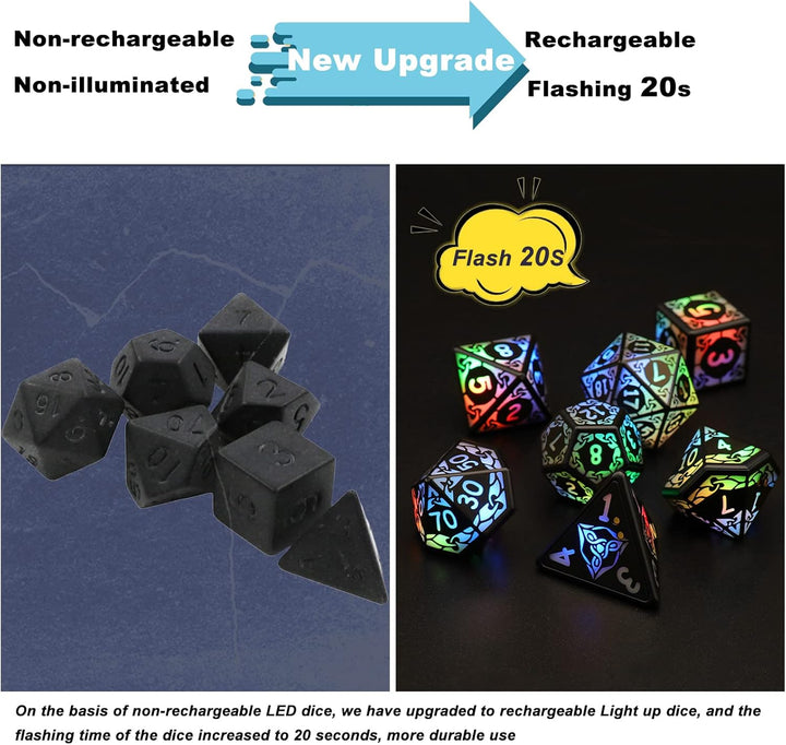 ZHOORQI DND Würfel Wiederaufladbar mit Ladebox, 7 PCS LED Elektronische Polyedrische Würfel Set für