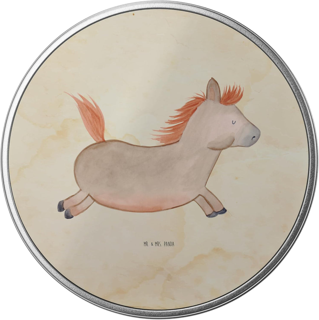 Mr. & Mrs. Panda Blechdose rund Pferd Springen - Geschenk, Bauernhof, Metallkiste mit Deckel, ausrei