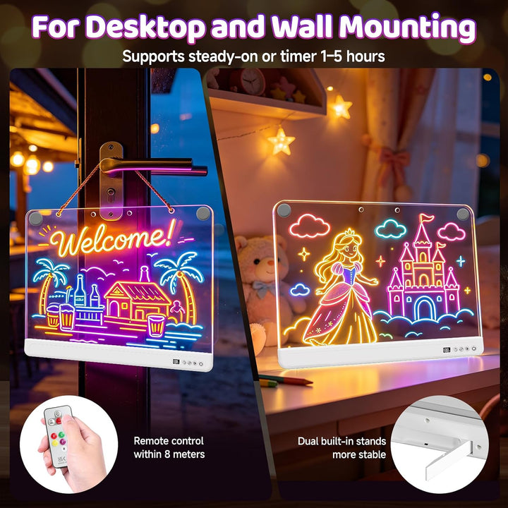 WEVOL LED Zeichenbrett Kinder, Acryl Maltafel 30x40cm Wiederaufladbar mit 7 Farben und 15 Lichteffek