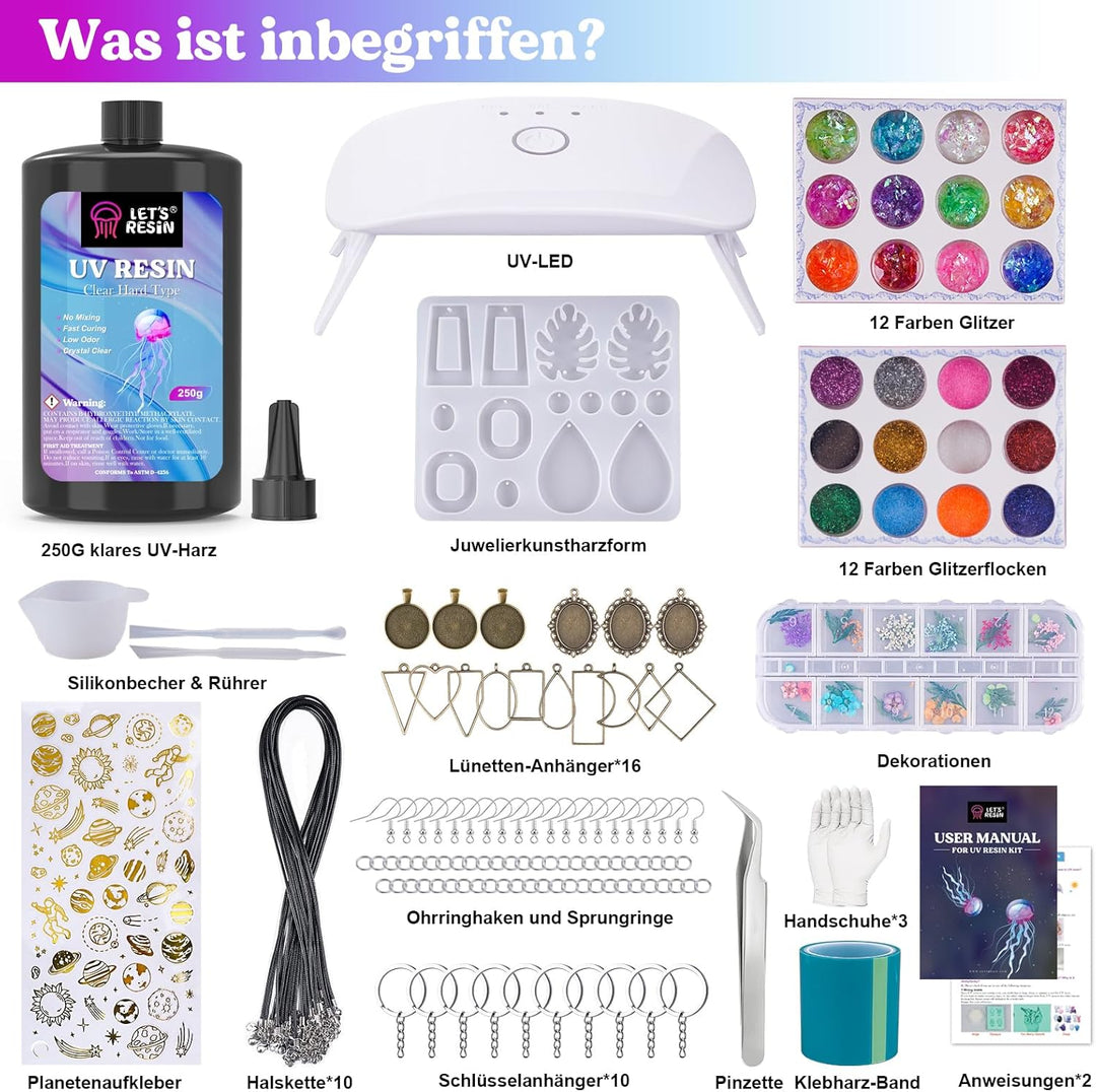 LET'S RESIN UV Resin Set mit UV Lampe, 153Pcs UV Kleber mit Lampe Set, UV Harz Set für Schlüsselanhä