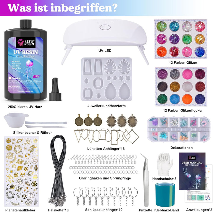 LET'S RESIN UV Resin Set mit UV Lampe, 153Pcs UV Kleber mit Lampe Set, UV Harz Set für Schlüsselanhä