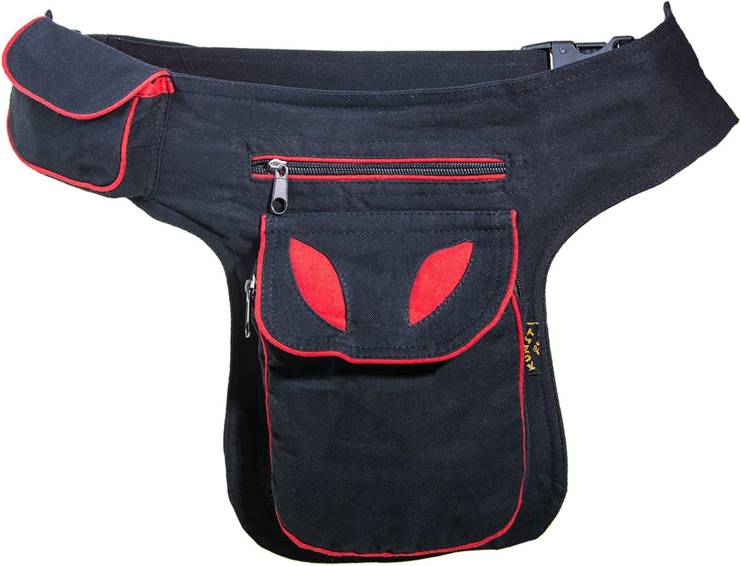 KUNST UND MAGIE Goa Schulter-Bauchtasche Gürteltasche Hippie Psy, Farbe:Schwarz/Rot Schwarz / Rot, S