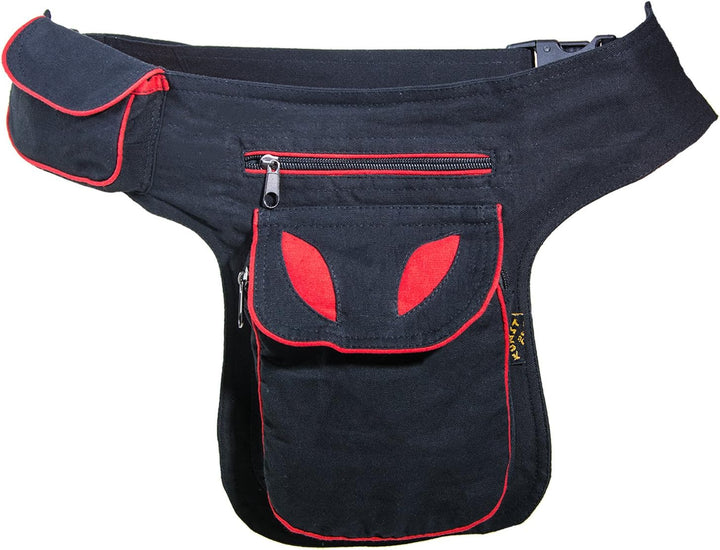 KUNST UND MAGIE Goa Schulter-Bauchtasche Gürteltasche Hippie Psy, Farbe:Schwarz/Rot Schwarz / Rot, S