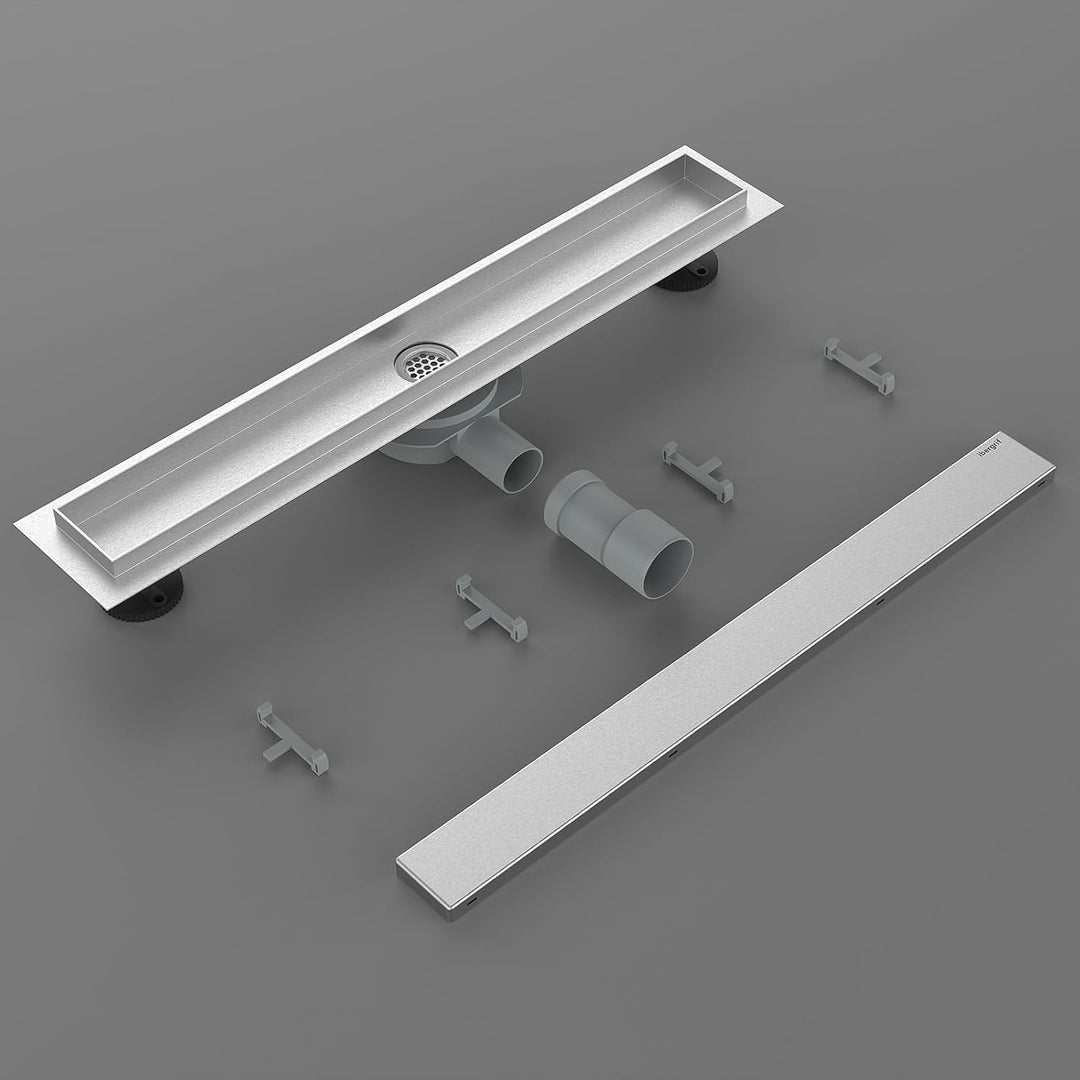 Ibergrif Edelstahl Duschrinne 50 cm Komplettset, Bodenablauf, Siphon mit Geruchsstop, Haarsieb, Befl