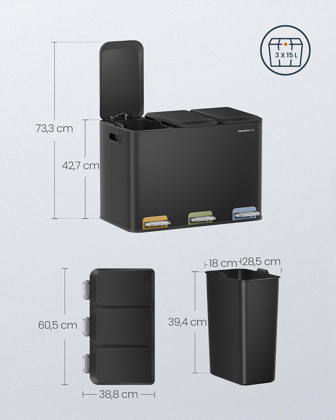 SONGMICS HOME Mülleimer Küche, 3 x 15 L Fächer, Abfalleimer mit farbcodierbaren Pedalen, Mülltrennsy