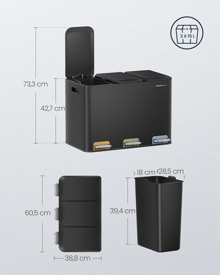SONGMICS HOME Mülleimer Küche, 3 x 15 L Fächer, Abfalleimer mit farbcodierbaren Pedalen, Mülltrennsy