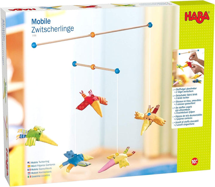 HABA 1103 Mobile Zwitscherlinge, Baby-Mobile zum Aufhängen mit 5 abnehmbaren Vögeln aus Stoff und ge