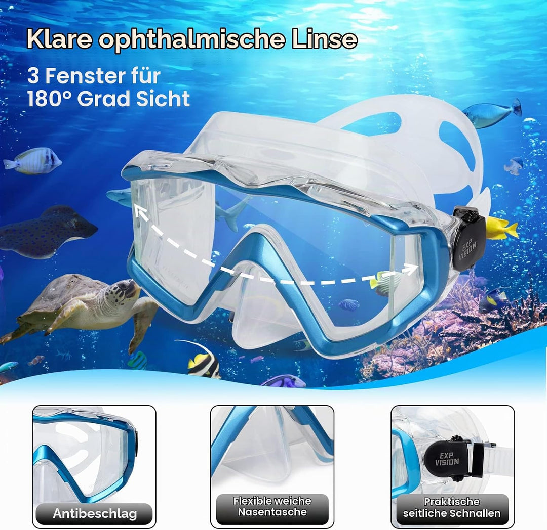 Trockenschnorchel-Set, Pano 3-Fenster-Schnorchelmaske, Anti-Fog-Taucherbrille und Schnorchel, profes