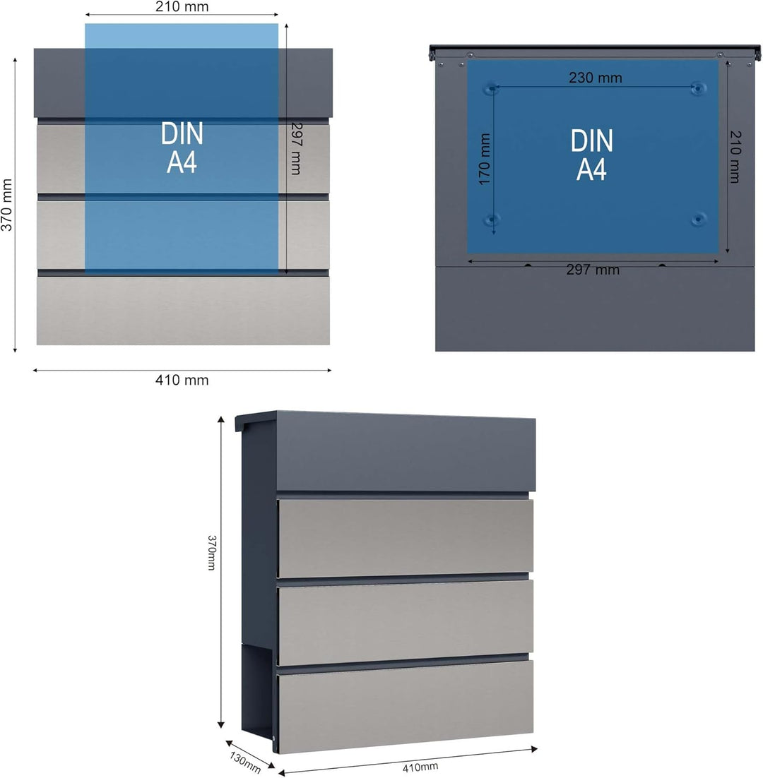Briefkasten V64 Anthrazit und Edelstahl 410 x 130 x 370 mm, Wandbriefkasten mit Schloss, Soft Close