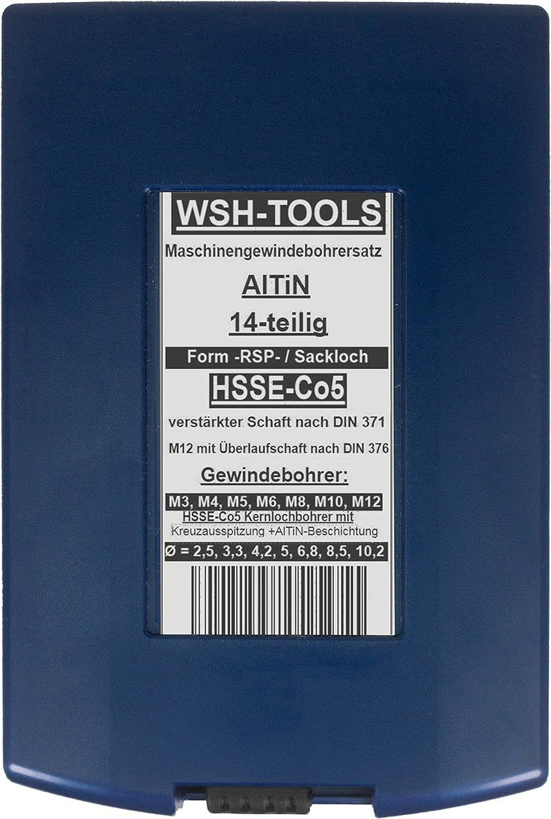 WSH-TOOLS Maschinengewindebohrer Set Sackloch M3, M4, M5, M6, M8, M10, M12 HSSE-Co5 Kunststoffbox 14