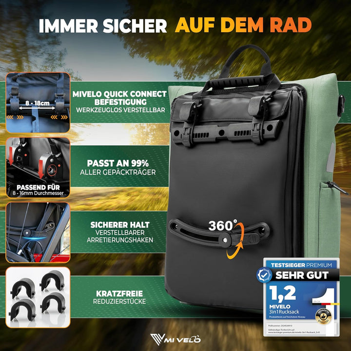 MIVELO 3in1 Fahrradtasche für Gepäckträger I Rucksack &amp; Gepäckträgertasche hinten - in 15 Sekunden u