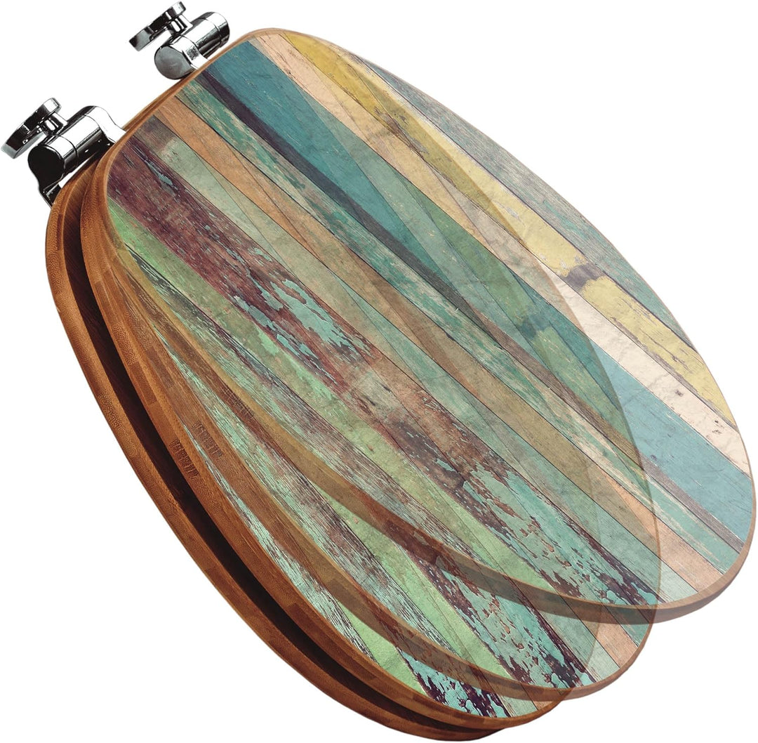 banjado® Design WC Sitz Bambus Absenkautomatik mit Motiv Bunte Bretterwand/Toilettendeckel mit Absen