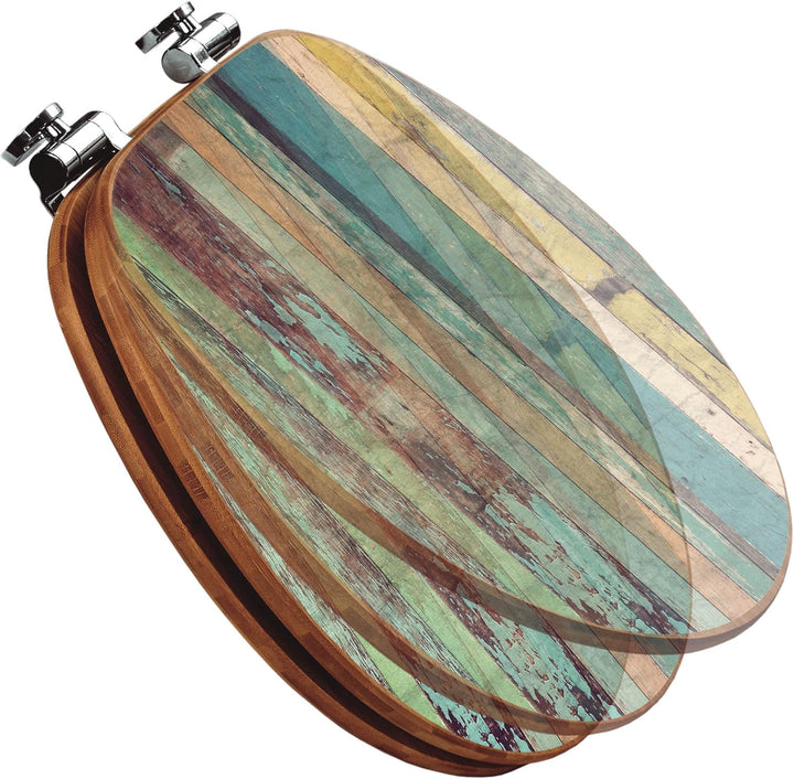 banjado® Design WC Sitz Bambus Absenkautomatik mit Motiv Bunte Bretterwand/Toilettendeckel mit Absen