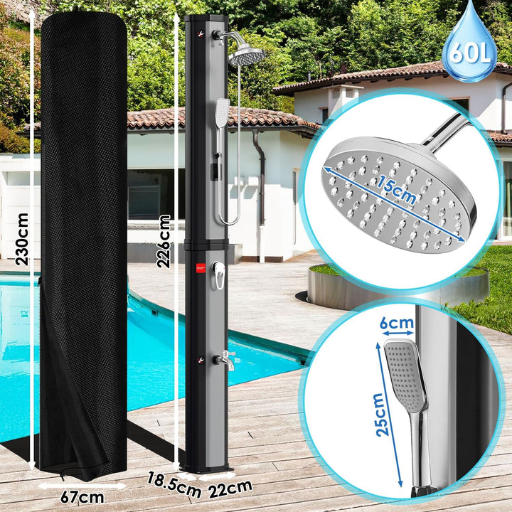 Eulenke Solardusche 60L Solar Gartendusche mit 360° Regenduschkopf, Wasserhahn und handbrause, Warme