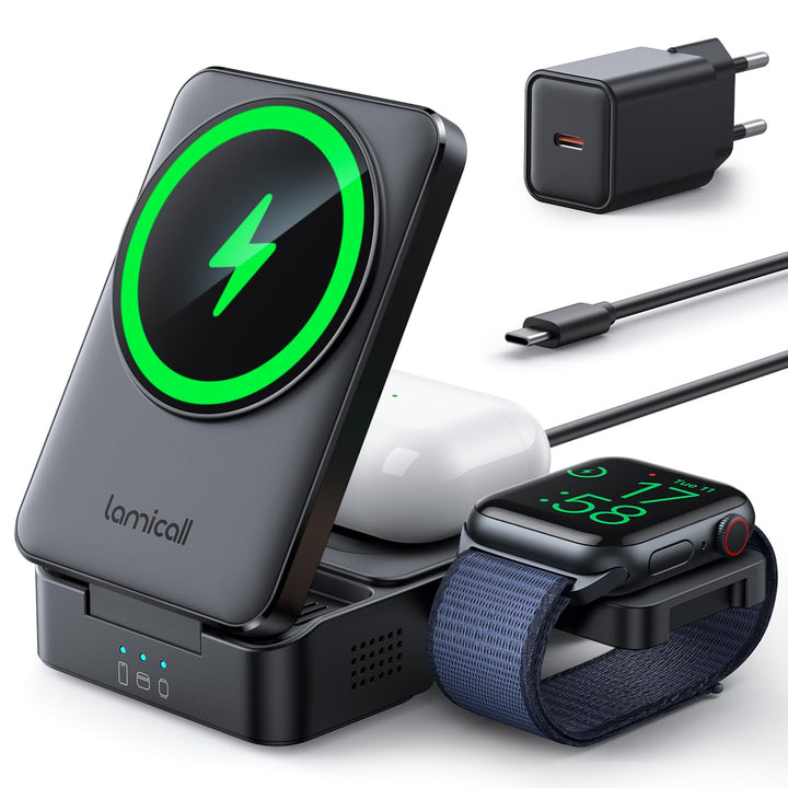 Lamicall 3 IN 1 Ladestation für MagSafe Ladegerät - [Faltbar &amp; Tragbar] Kabellose induktive Ladestat