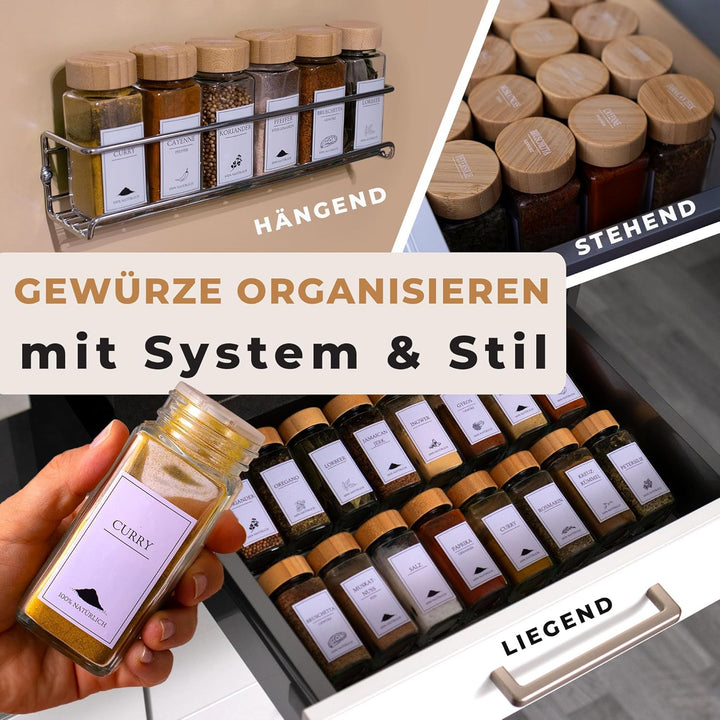 comforder Gewürzgläser Set (25 Stück), Gewürz Organizer mit Gewürzstreuer mit Etiketten + Trichter,