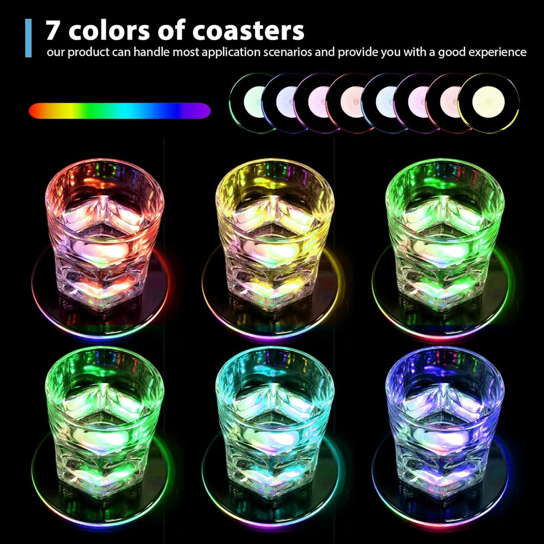 8 Stück LED Untersetzer: Ø 10cm Leuchtuntersetzer Rund aus Acryl, Wasserdicht mit 7 Farbmodi & ON/Of