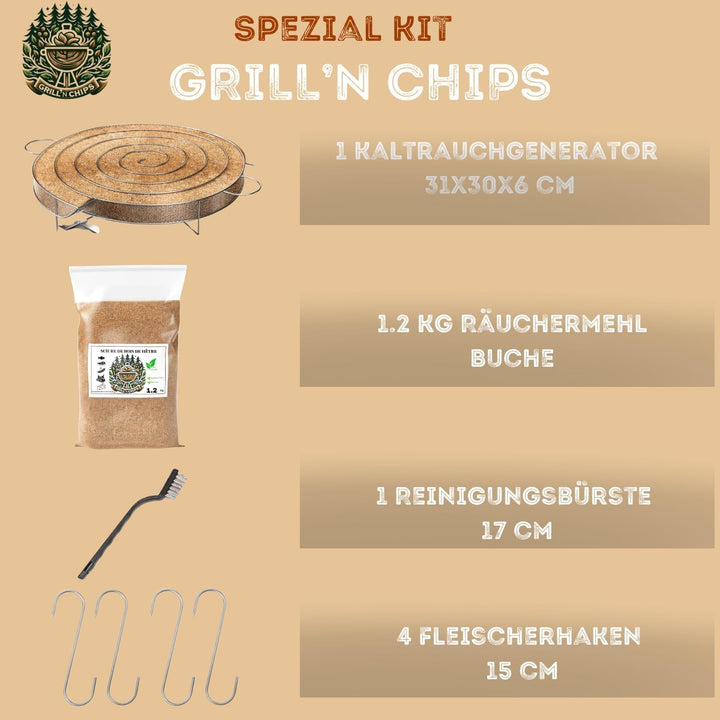 Kaltrauchgenerator (30 cm)/Räucherschnecke für Räucherofen Fleisch und Fisch + 1,3 kg Räuchermehl Bu