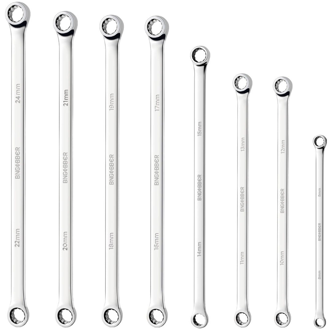 Doppel Ringschlüssel Satz,8-tlg Extra langer Schraubenschlüssel Ringschlüssel set, CV-Stahl 8mm-24mm
