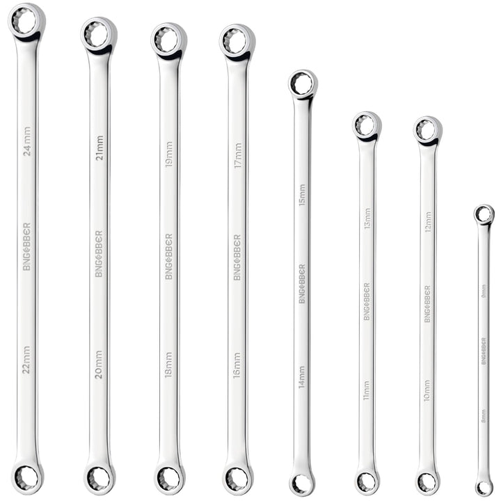 BINGCOBBER Doppel Ringschlüssel Satz,8-tlg Extra langer Schraubenschlüssel, CV-Stahl 8mm-24mm 8PCS 8