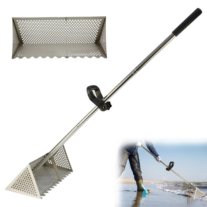 Strandrechen, Sandflohharke, Sandsieb aus Edelstahl mit Breitem Trapezkorb, Sandrechen für Strand, A